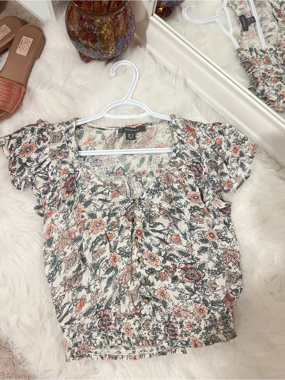 Primark Cream Floral Short Sleeve Peasant Blouse with Coral Accents
